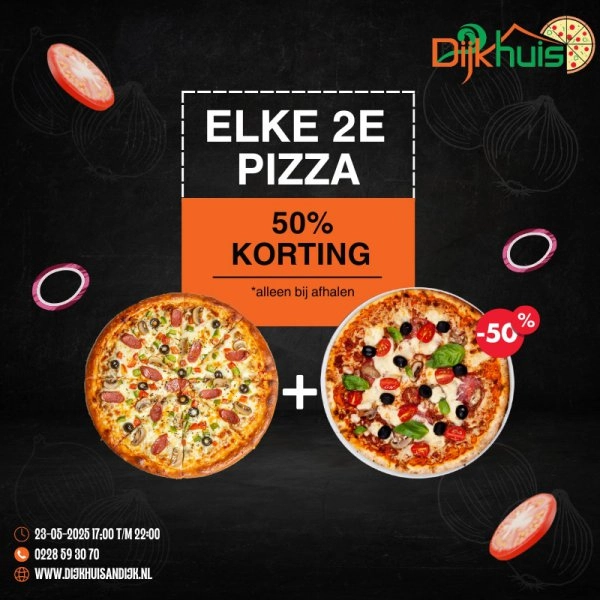  50% korting op elke 2e pizza die u komt afhalen. Bestel dus nu!