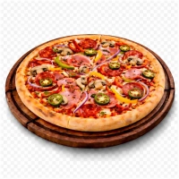 tomatensaus, kaas, ham, pepperoni salami, paprika, ui, champignons en Spaanse peper