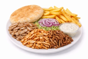 met shoarma, doner en doner kip met pitabrood of turks brood, salade, saus, patat of gekruide aardappelen.