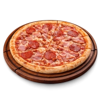 tomatensaus, kaas, pepperoni salami, ham en spek